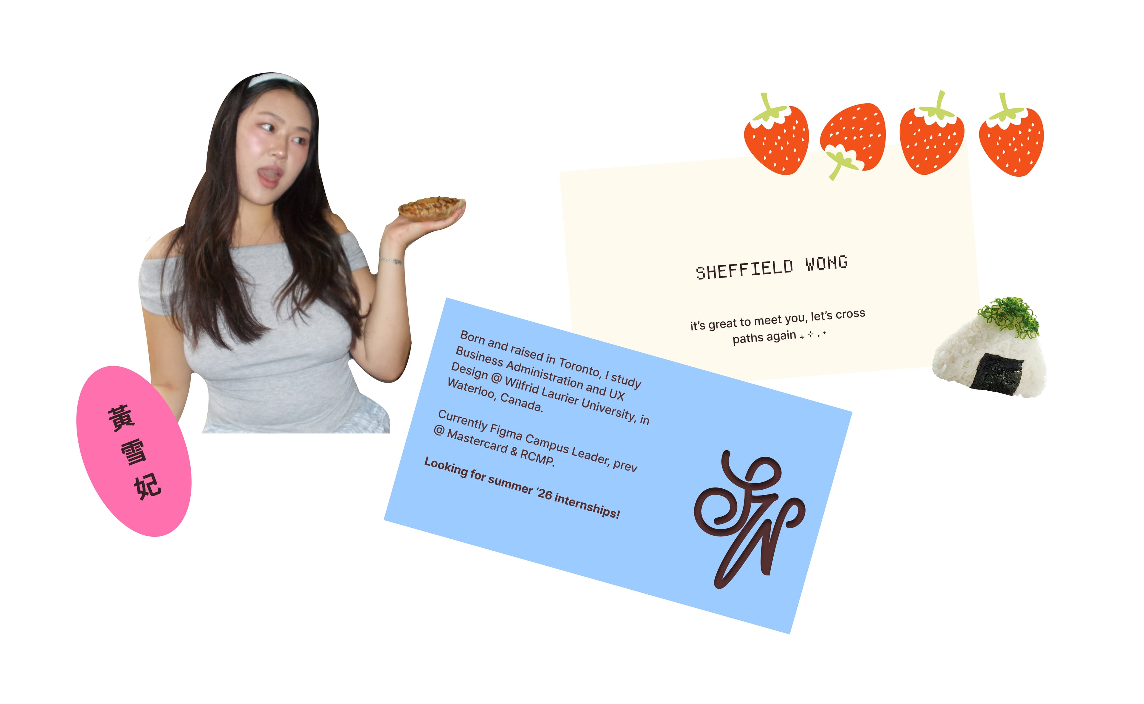 About Sheffield Wong — collage with photo, business card, and decorative elements