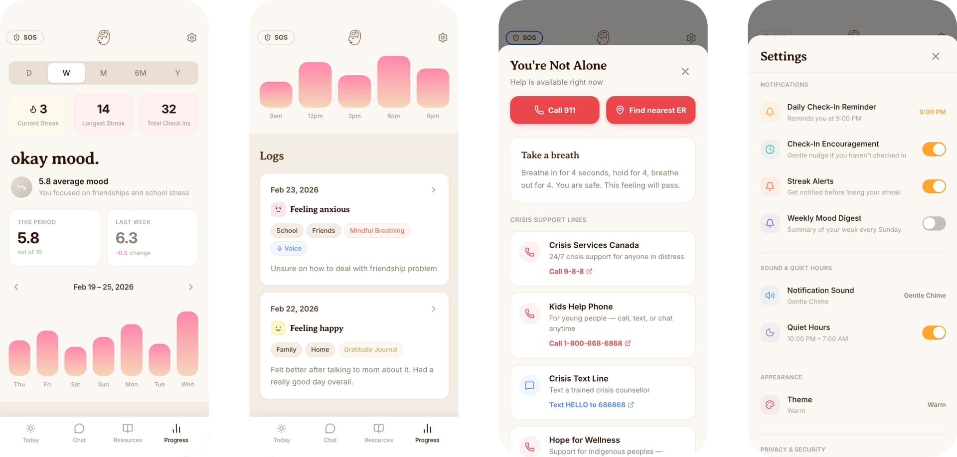 Tracking progress, SOS button, and settings