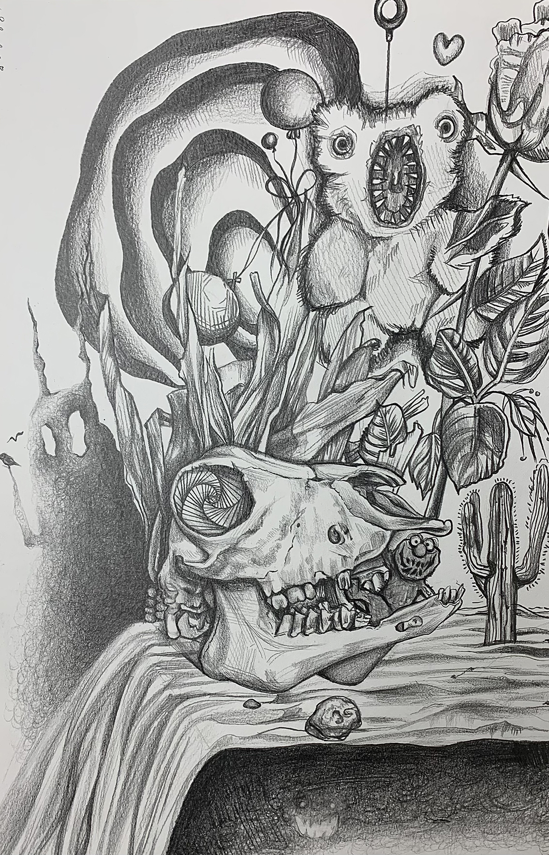 Detailed ink drawing with nature motifs