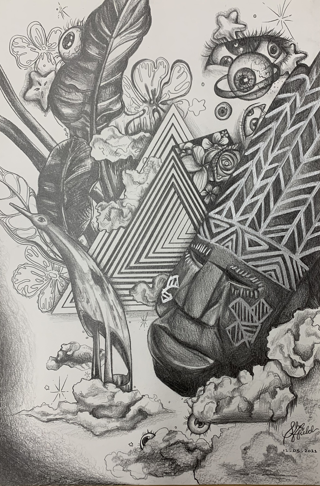 Intricate ink drawing with patterns